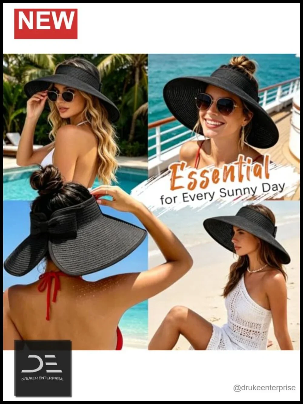 Wide Brim Straw Sun Hat Foldable Packable Visor UV Protection UPF 50+ Adjustable